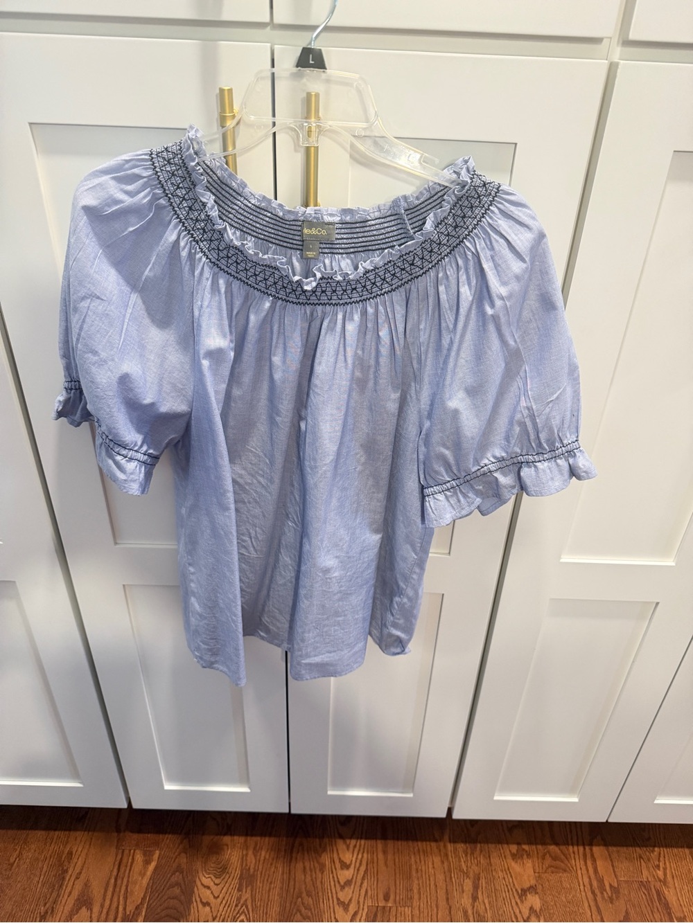Style & Co.  Powder Blue Off-Shoulder, cotton,Smocked Yoke Blouse